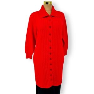 Vintage 60s Red Cable Knit Sweater Sz S Wool Longline Fisherman Cardigan Duster